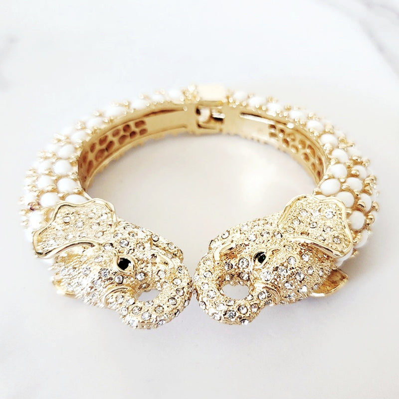 White Double Head Elephant Cuff Bracelet