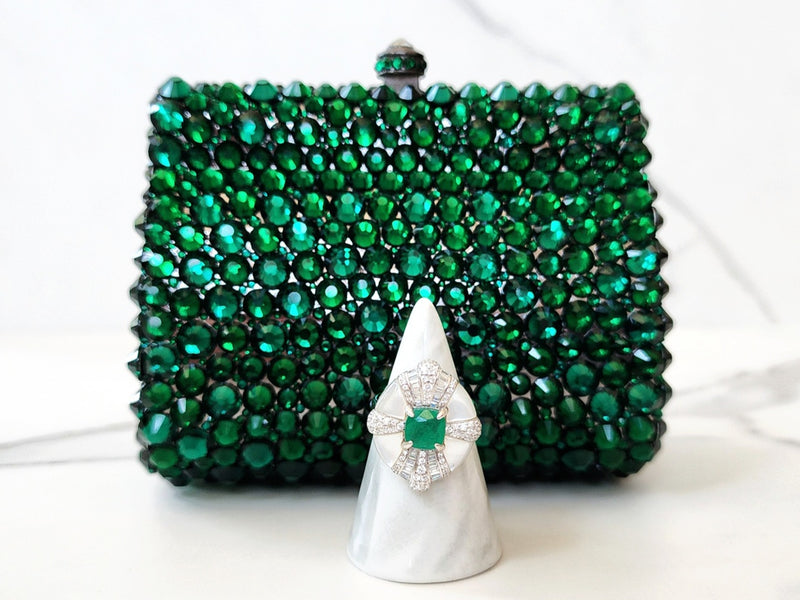 Green Crystal Clutch Purse and Sterling Silver Green Emerald Ring