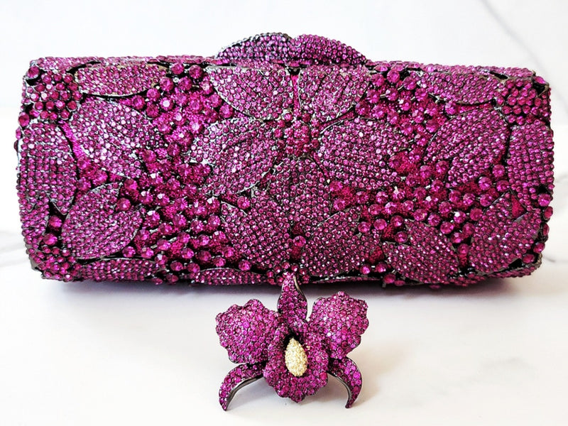 Fuchsia Pink Crystal Clutch Purse and Sterling Silver Pave Orchid Ring