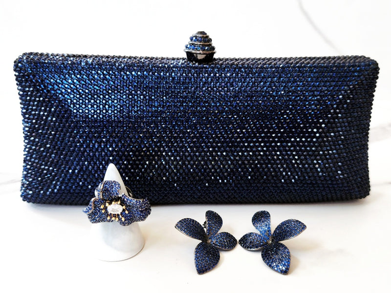 Navy Crystal Clutch, Sterling Silver Flower Ring and Earrings