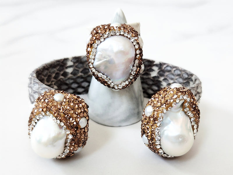 Gray Snakeskin Pave Stone Embellished Cuff and Ring