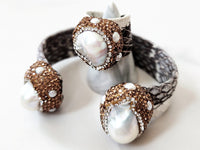 Gray Snakeskin Pave Stone Embellished Cuff and Ring