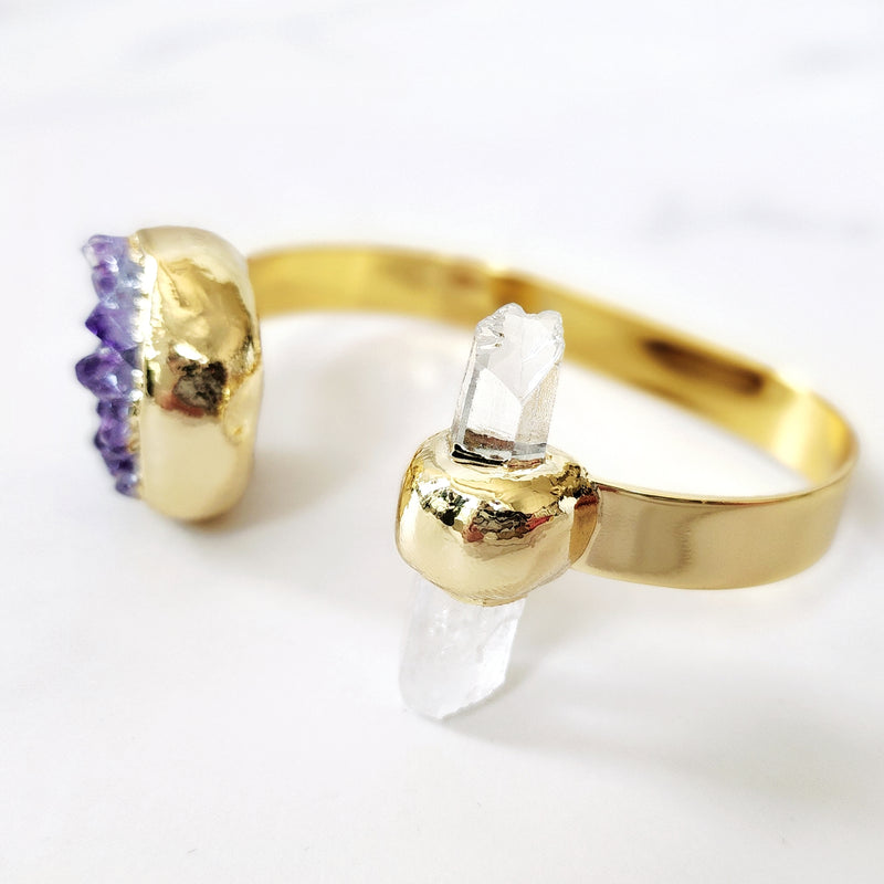 Natural Amethyst Drusy White Quartz Gold Cuff Bracelet