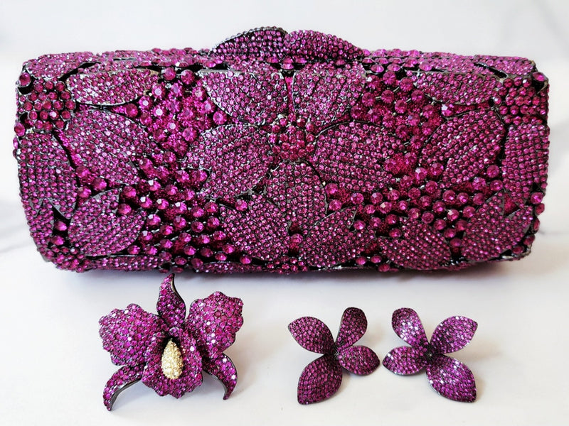 Fuchsia Pink Crystal Clutch, Sterling Silver Pave Orchid Ring and Earrings