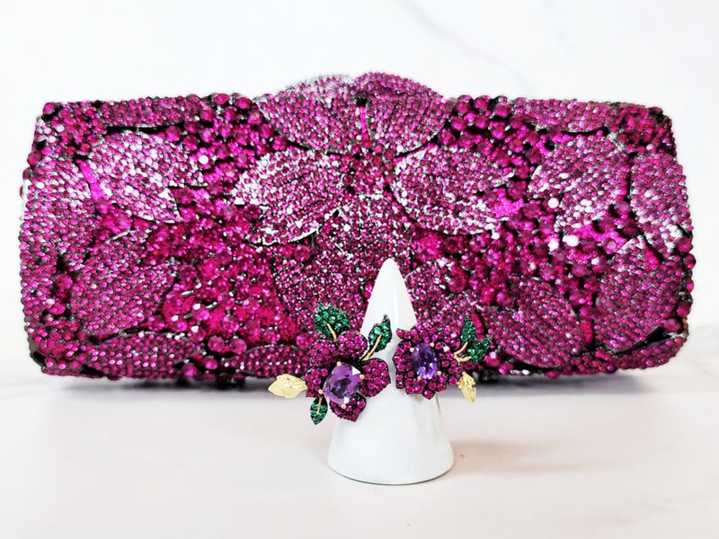 Fuchsia Crystal Clutch and Sterling Silver Pave Double Flower Ring