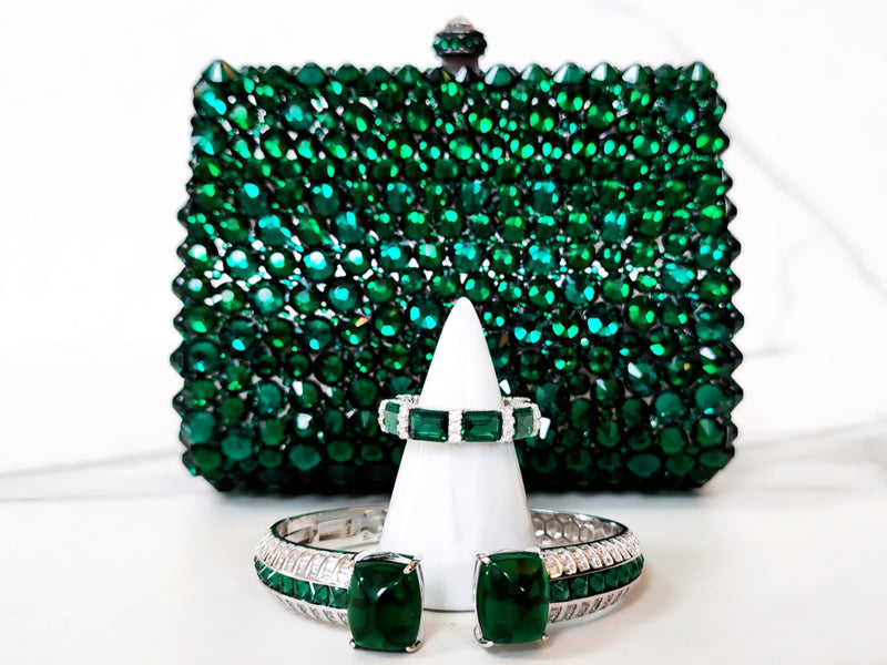 Green Crystal Clutch, Sterling Silver Emerald Bracelet and Ring