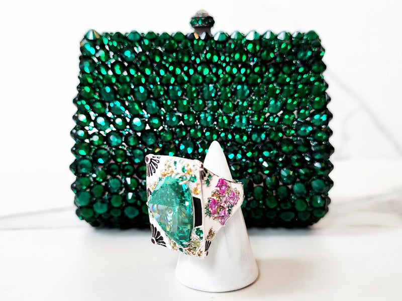 Green Crystal Clutch and Sterling Silver Paraiba Ring