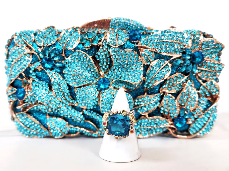 Blue Crystal Clutch Purse and Sterling Silver Ring