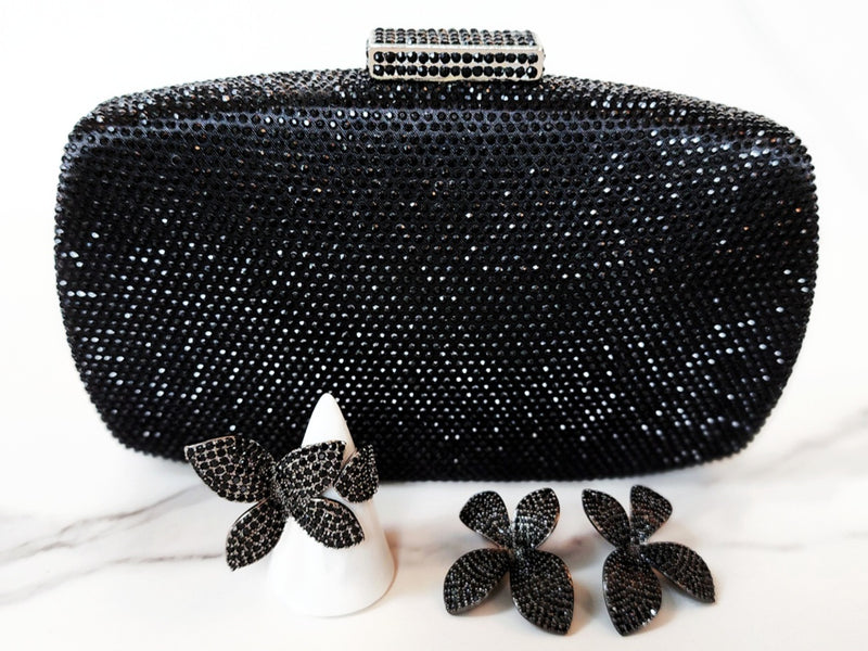 Black Crystal Clutch, Pave Flower Ring and Earrings