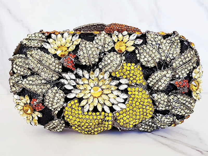 Yellow, Black and White Flower Crystal Clutch, Sterling Silver Yellow Flower Ring and 3 Wrap Bracelets