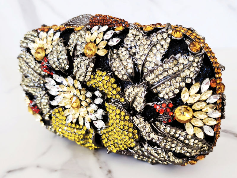 Yellow, Black and White Flower Crystal Clutch, Sterling Silver Yellow Flower Ring and 3 Wrap Bracelets