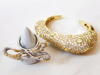 Gold Plated Diamond Baroque Mirror Embellished Cuff Bracelet and Sterling Silver Diamond Encrusted Bow Ring