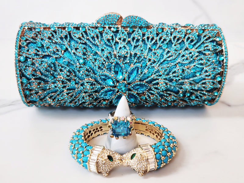 Teal Blue Crystal Clutch, Double Panther Head Cuff and Sterling Silver Ring