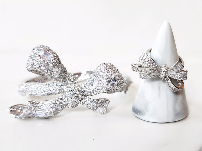 Sterling Silver Diamond Bow Bangle and Ring