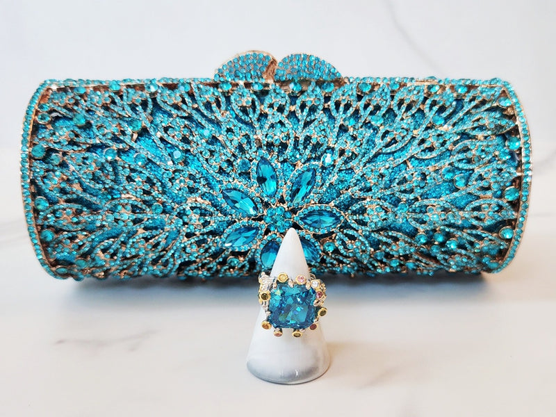 Teal Crystal Clutch Purse and Sterling Silver Ring