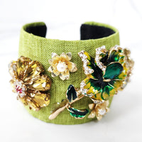 Green Rattan Clutch, Sterling Silver Diamond Ring and Green Flower Cuff