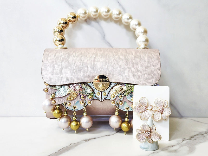 Pink Leather Pearl Embellished Purse, Pink Flower Ring and Earrings