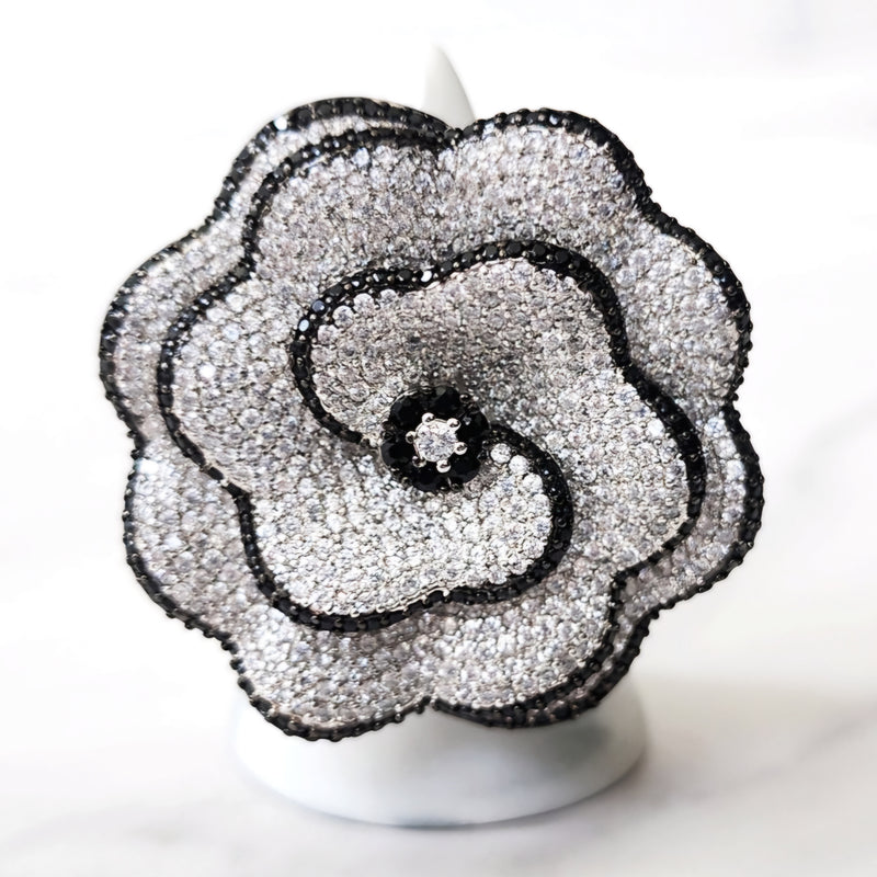 Black Rattan Clutch and Black & White Crystal Flower Ring