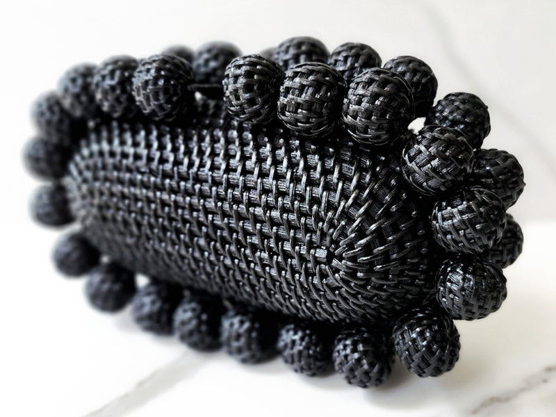 Black Rattan Clutch and Black Flower Ring