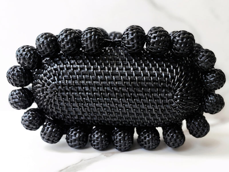 Black Rattan Clutch and Black Flower Ring