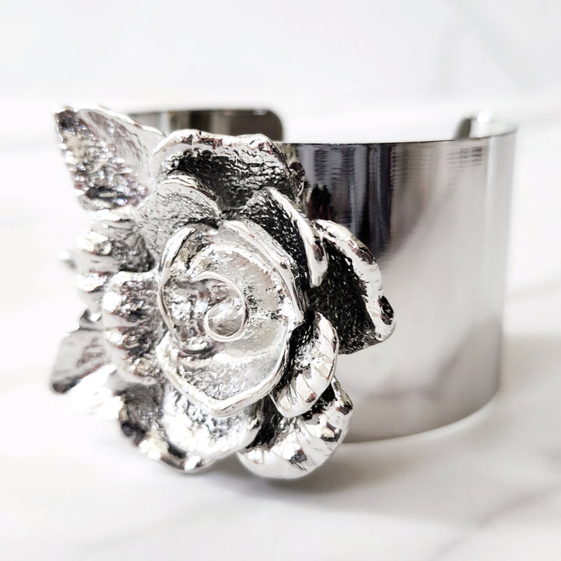 Silver 3D Flower Cuff Bracelet