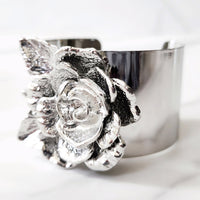 Sterling Silver Cluster Ring and Silvertone 3D Flower Cuff Bracelet