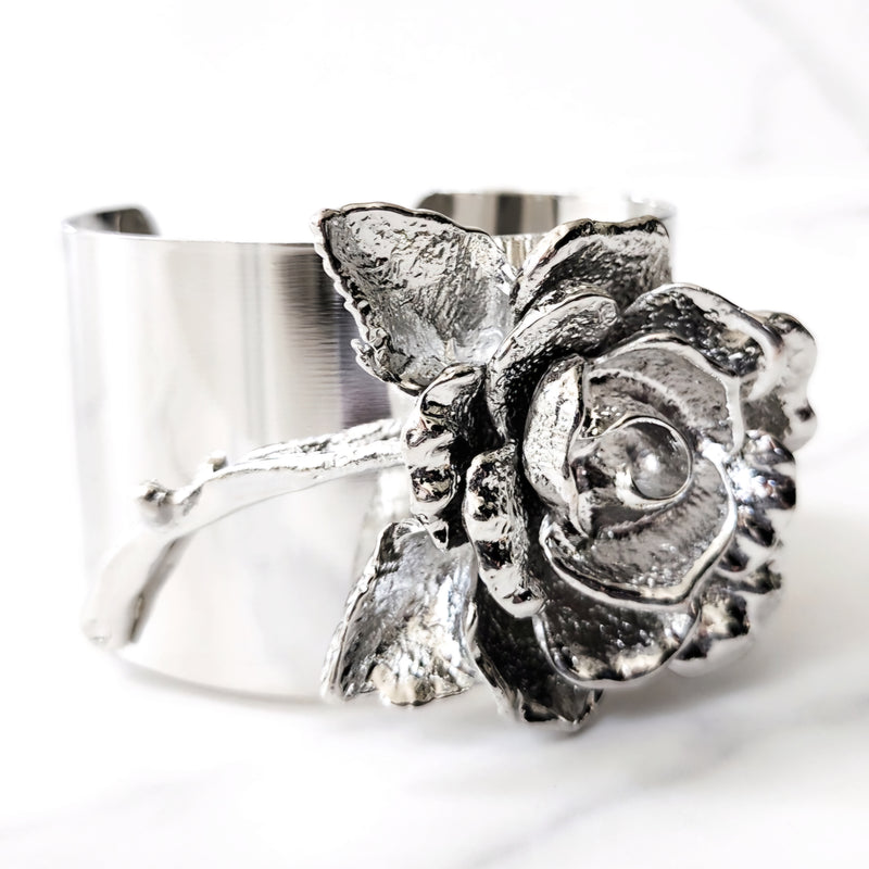 Silver 3D Flower Cuff Bracelet