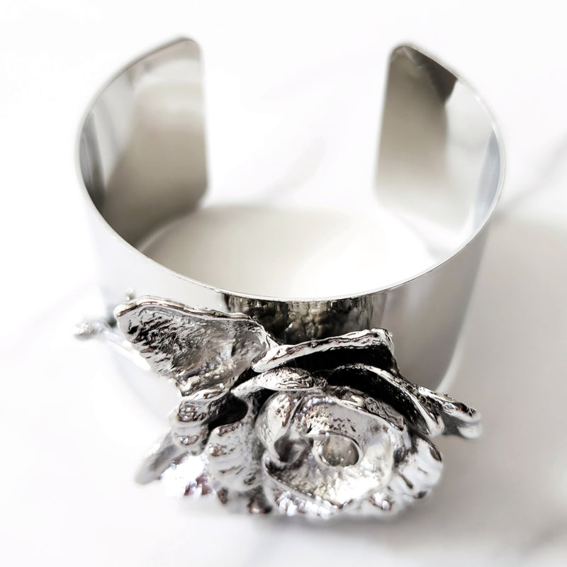 Sterling Silver Cluster Ring and Silvertone 3D Flower Cuff Bracelet