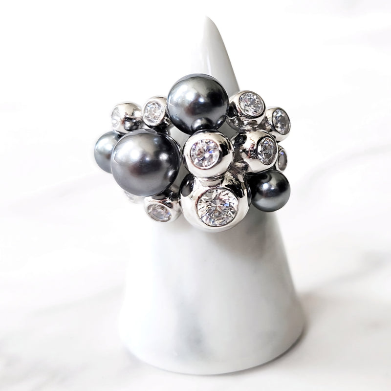 Sterling Silver Cluster Ring and Silvertone 3D Flower Cuff Bracelet