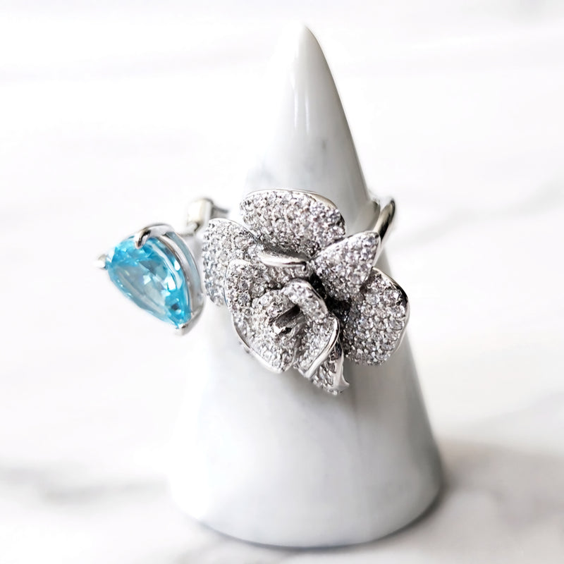 Sterling Silver Aquamarine and Diamond Flower Ring