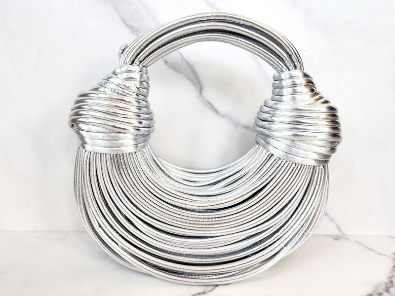 Silver Double Knot Purse, Silvertone Modern Oblong Ring, Cuff Bracelet and Necklace