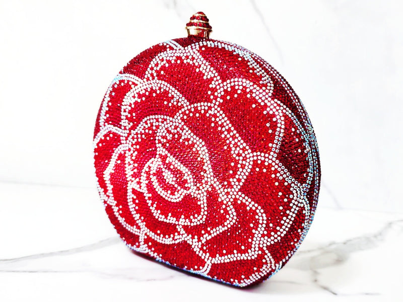 Red and White Crystal Flower Clutch Purse