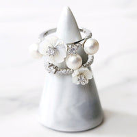 Sterling Silver Natural Shell and Pearl Flower Ring