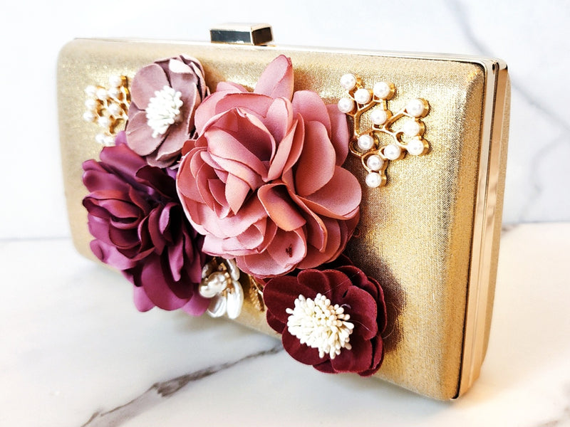 Gold Flower Embellished Clutch Purse