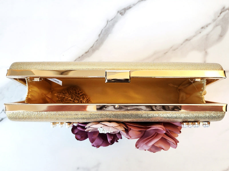 Gold Flower Embellished Clutch Purse