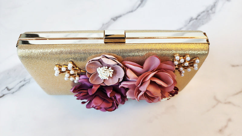 Gold Flower Embellished Clutch Purse