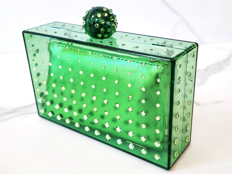 Green Resin Jeweled Transparent Clutch