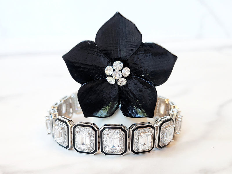 Sterling Silver Tennis Bracelet and Black Flower Ring