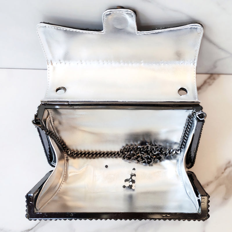 Black Crystal Clutch Purse, Flower Ring and Earrings