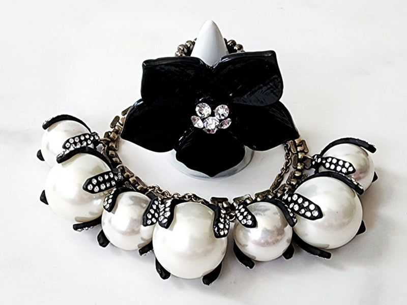 Black Flower Ring, Black and White Embellished Ball Bracelet