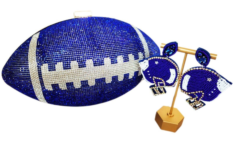 Blue Crystal Football Clutch Purse, Helmet Earrings