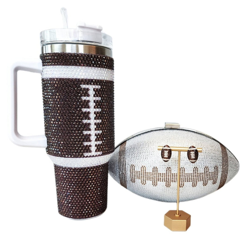 Silver Crystal Clutch, Brown 40 oz Football Tumbler, Football Earrings