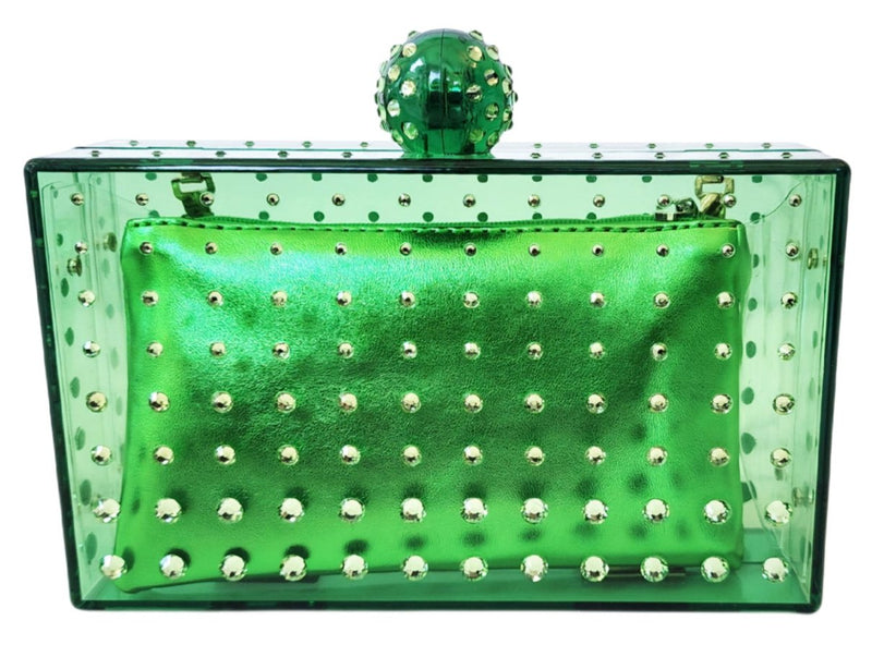 Green Jeweled Transparent Resin Box Clutch Purse