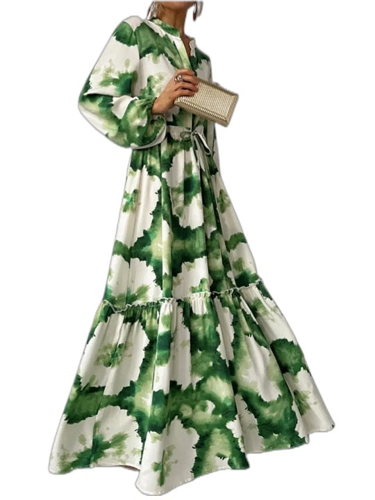 Green and White Long Sleeve Maxi Dress