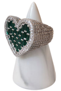 Green Heart Silvertone Ring