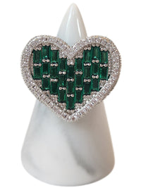 Green Heart Silvertone Ring