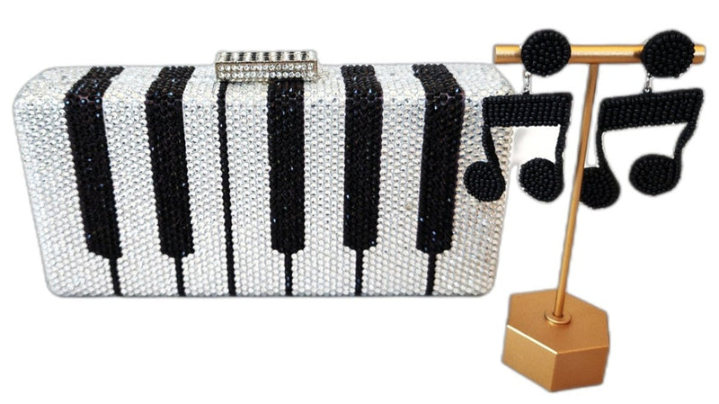 Crystal Piano Keyboard Clutch Purse and Piano Notes Earrings