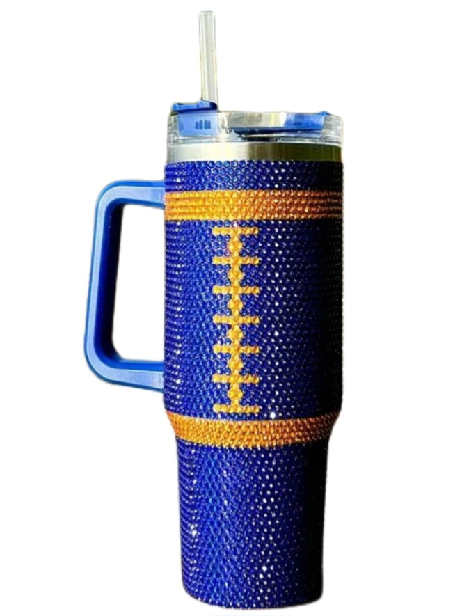 Blue and Gold Crystal Football Tumbler, 40 oz