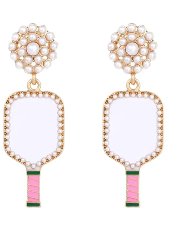 Pink and White Pickleball Earrings