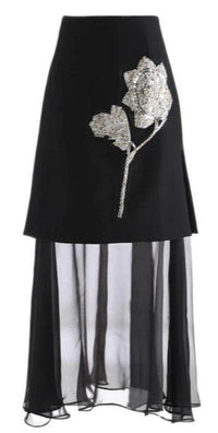 Black Beaded Silver Flower Embellished Skirt